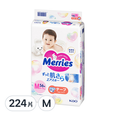 Merries 妙而舒 日本境內版 金緻柔點透氣黏貼型尿布, M, 224片