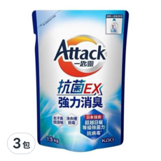 Attack 一匙靈 抗菌EX強力消臭洗衣精補充包, 1.5kg, 3包