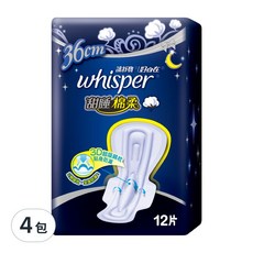 whisper 好自在 甜睡棉柔 加長夜用 36cm, 12片, 4包