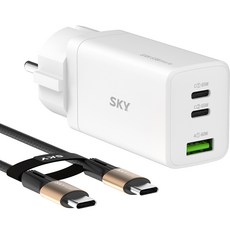 SKY剝皮接地型GAN 65W多3口PPS PD超快C型有線充電器+60W超快速充電線1.2m一套, 白色, 1組