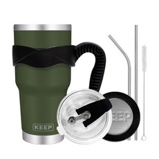 4YOU Keep大容量不鏽鋼保溫杯+密封吸管蓋+矽膠防滑手握+矽膠杯底+吸管+清潔刷組, 卡其色, 900ml, 1組