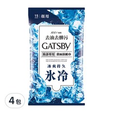 GATSBY 潔面濕紙巾 冰爽型, 15張, 4包