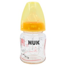 NUK 迪士尼寬口玻璃奶瓶 附中圓洞矽膠奶嘴 1號 0-6個月, 顏色隨機, 120ml, 1個