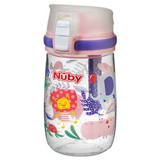 Nuby Thirsty Kids系列 彈蓋式透明水壺 18個月以上, 粉色派對, 300ml, 1個