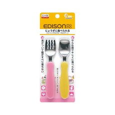 EDISON mama KJC 嬰幼兒學習餐具組 1.5歲以上, 粉色+黃色, 叉子+湯匙, 1組