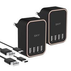 SKY Fill C4 4孔多孔充電器+充電線, 2個, 黑色