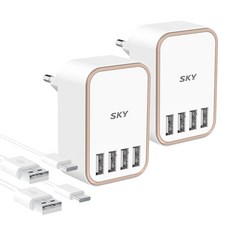 SKY Fill C4 4孔多孔充電器+充電線, 2個, 白色的