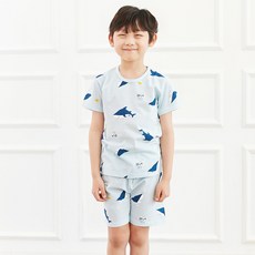 Kids Line 男童鯊魚印花短袖睡衣+5分短褲套裝 藍色